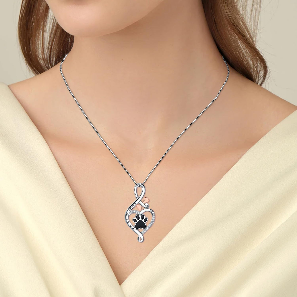 Silver-Tone Paw Heart Pendant with Bone and Infinity Charms