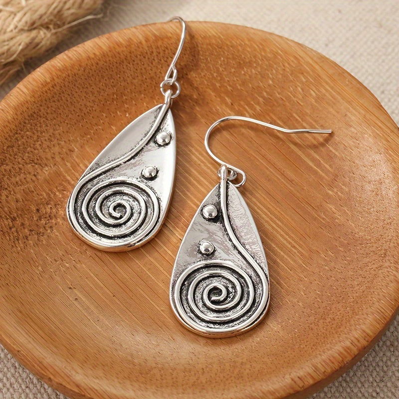 Vintage Spiral Teardrop Sun Silver-Plated Earrings