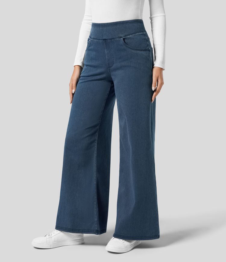 Pull-On Wide-Leg Jeans in Denim-Look Fabric