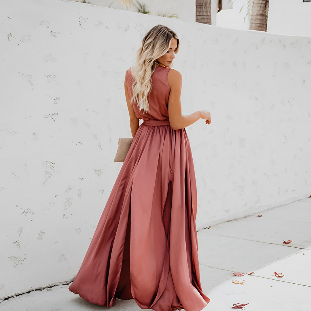 Sleeveless V-Neck Tie-Waist Wrap Maxi Dress
