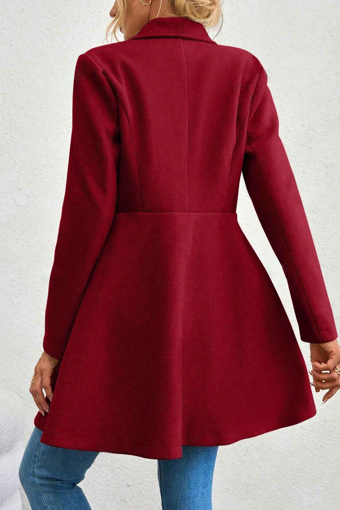 Slim Fit Longline Coat with Notched Collar and Defined Waist