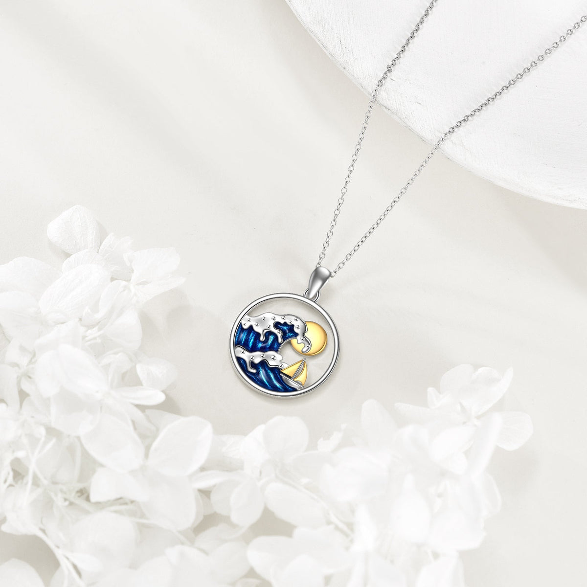 Silver-Tone Ocean Wave, Sun and Sailboat Pendant Necklace