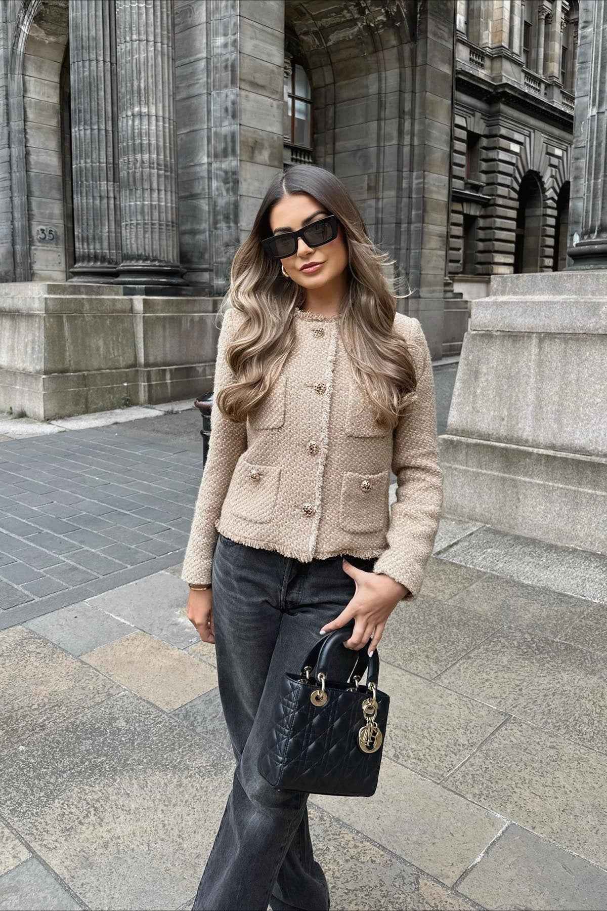 Slim Fit Tweed Style Short Coat with Contrast Trim Detail