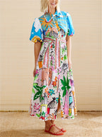 Printed Short Sleeve Button-Front Shirt Maxi Dress