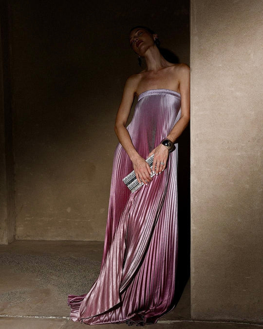 Pleated Strapless Evening Maxi Dress With Soft Sheen