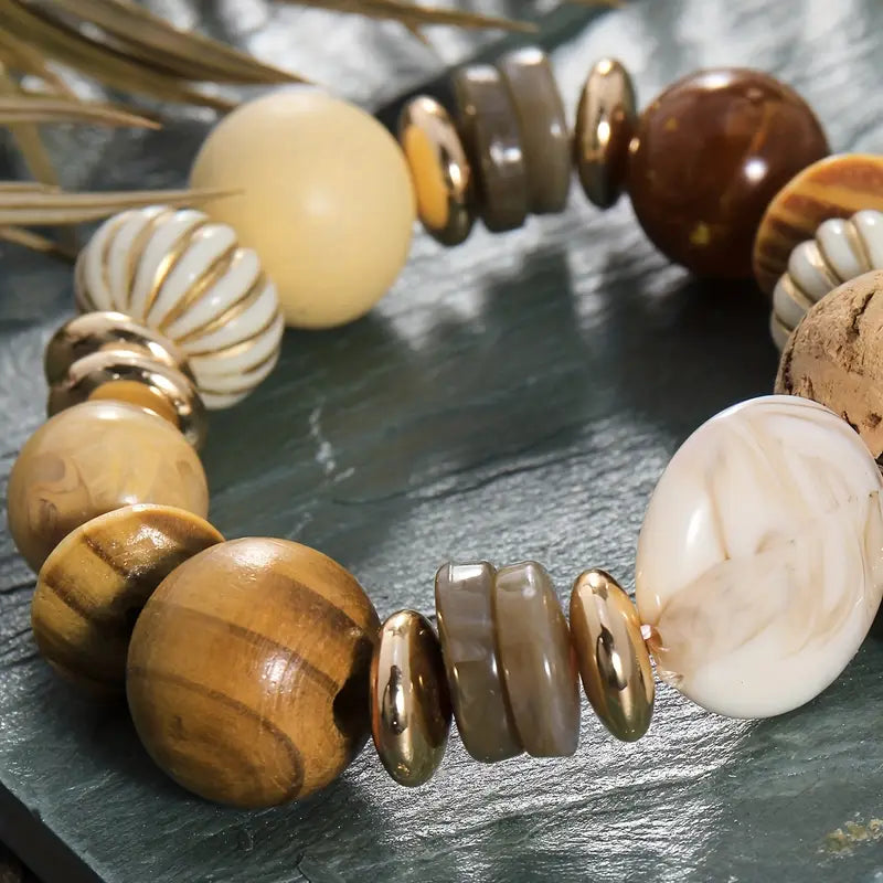 Earth-Tone Wood and Stone Bead Bracelet