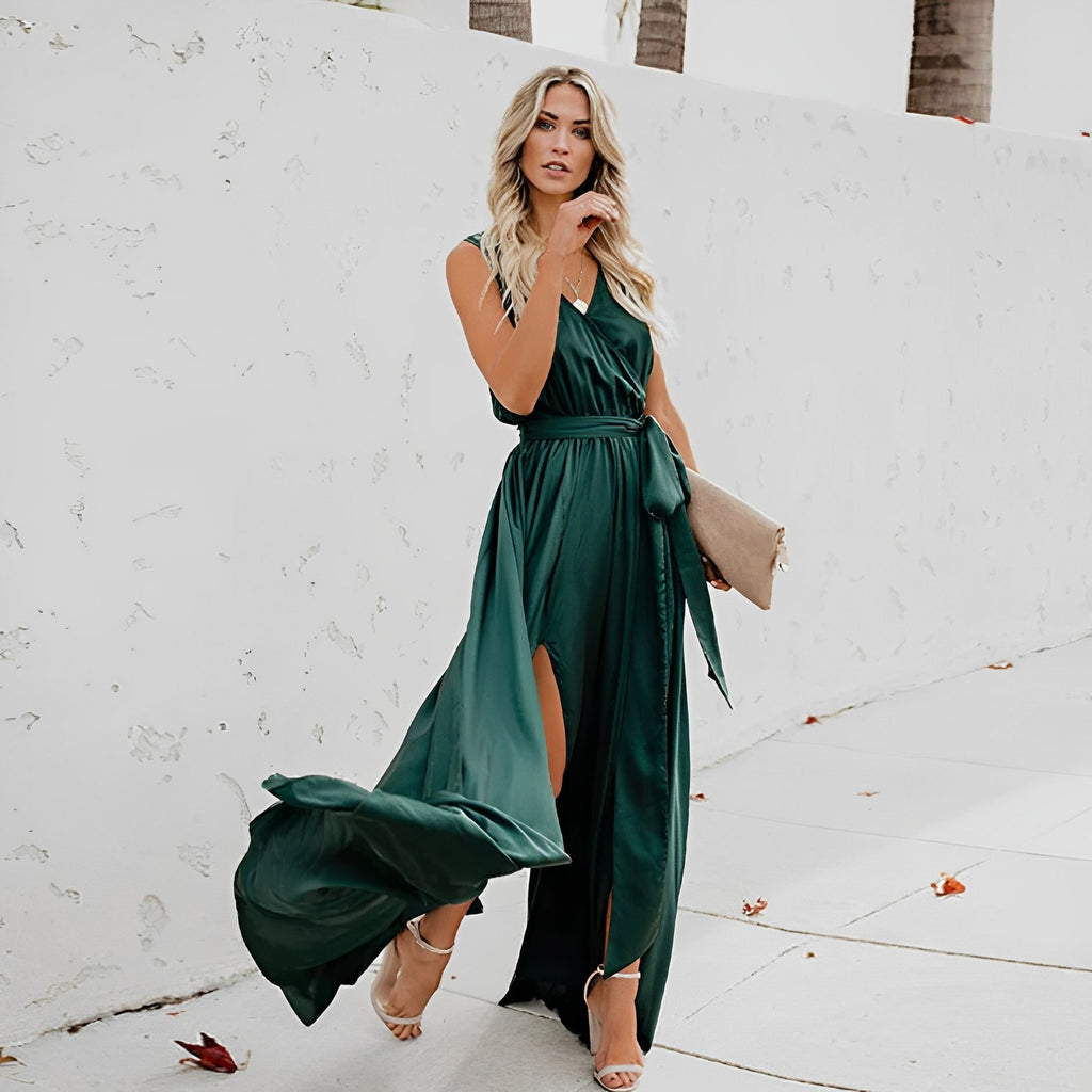 Sleeveless V-Neck Tie-Waist Wrap Maxi Dress