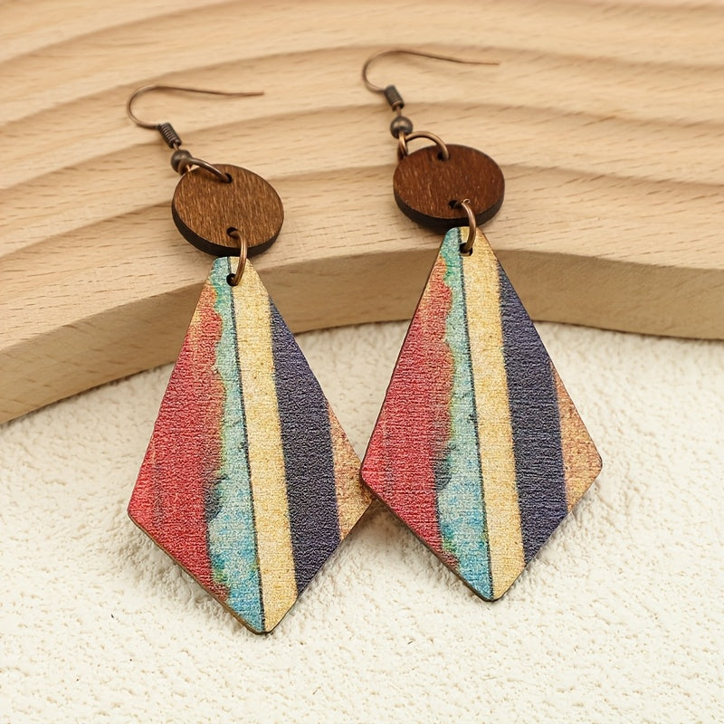 Bohemian Striped Wooden Inlay Drop Earrings