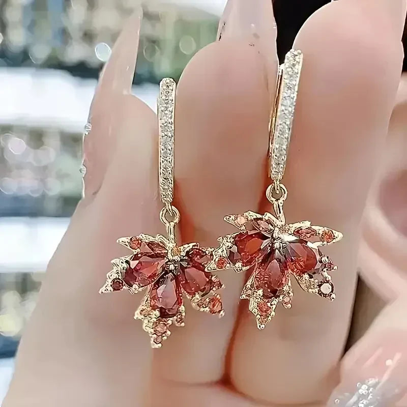 Pink Zirconia Leaf Cluster Drop Earrings in Gold Tone