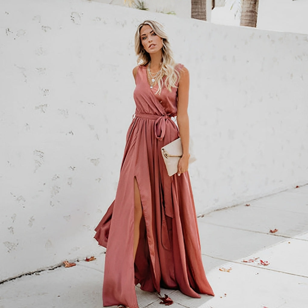 Sleeveless V-Neck Tie-Waist Wrap Maxi Dress