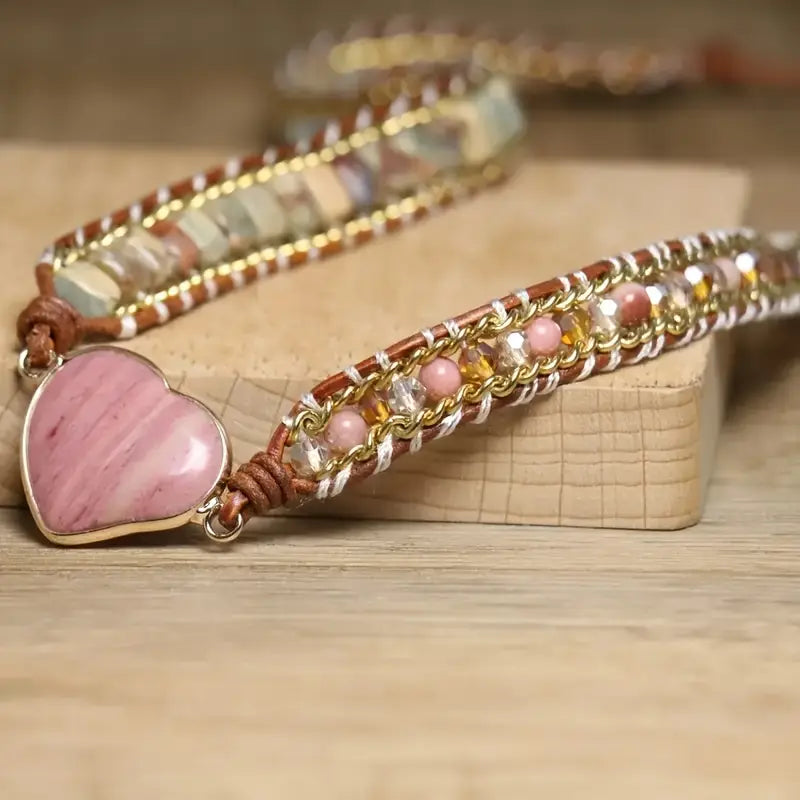 Pink Heart Stone Wrap Bracelet with Crystal Beads