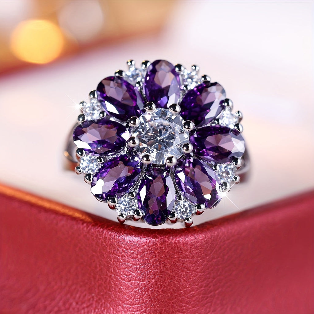 Purple Zirconia Flower Ring