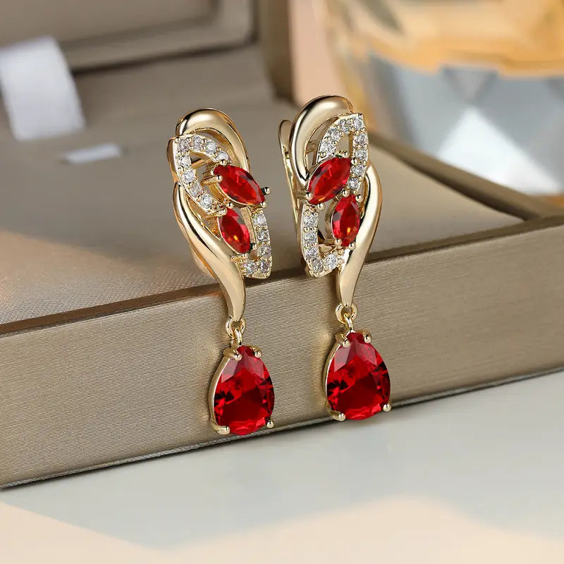 Red Stone Tulip Drop Earrings in Gold Tone