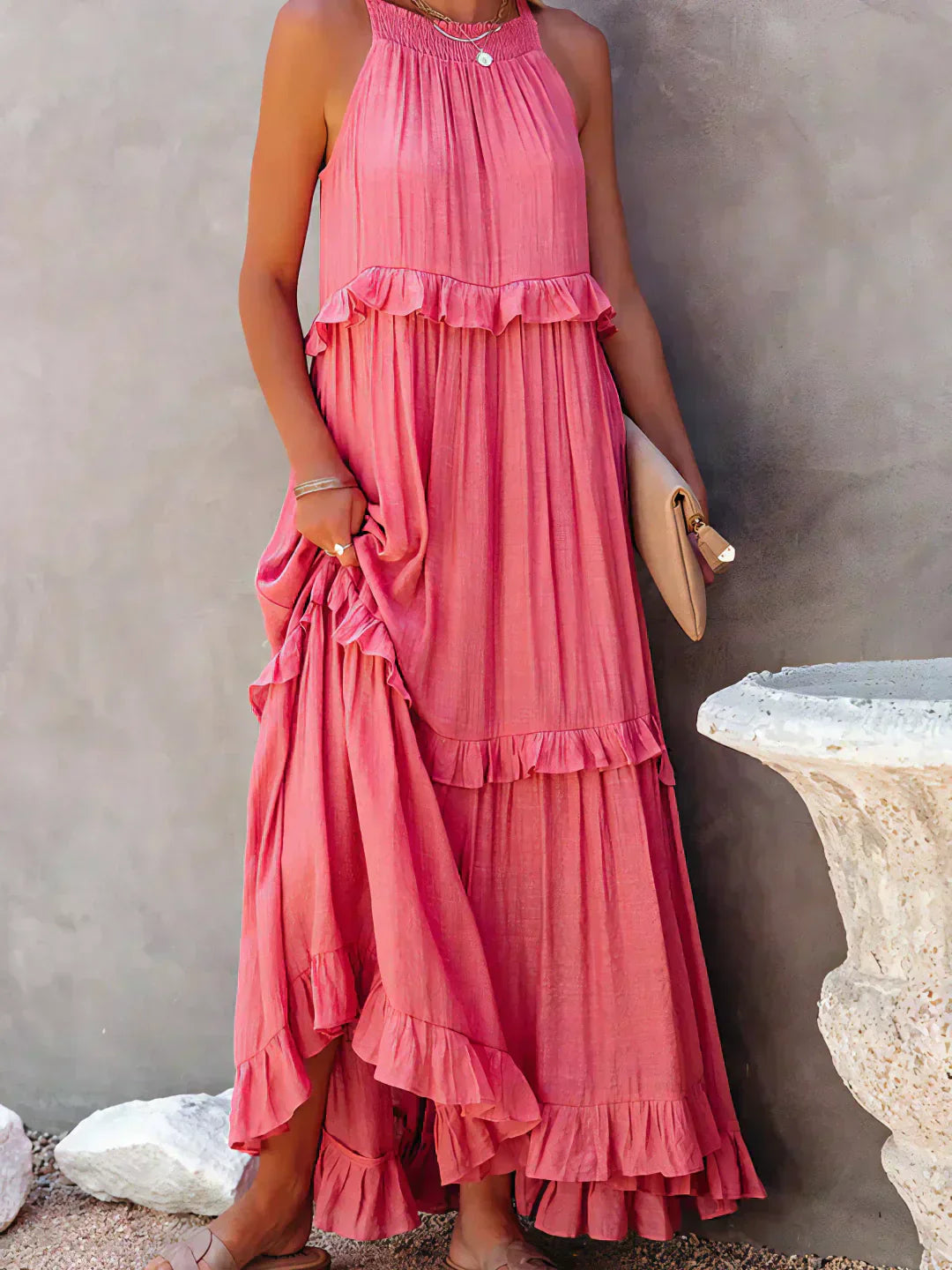Sleeveless Halter Tiered Ruffle Maxi Dress