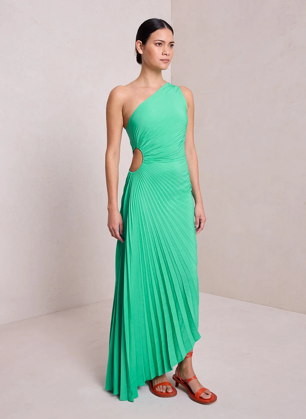 One-Shoulder Pleated Asymmetric Hem Maxi Dress