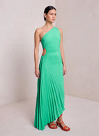 One-Shoulder Pleated Asymmetric Hem Maxi Dress