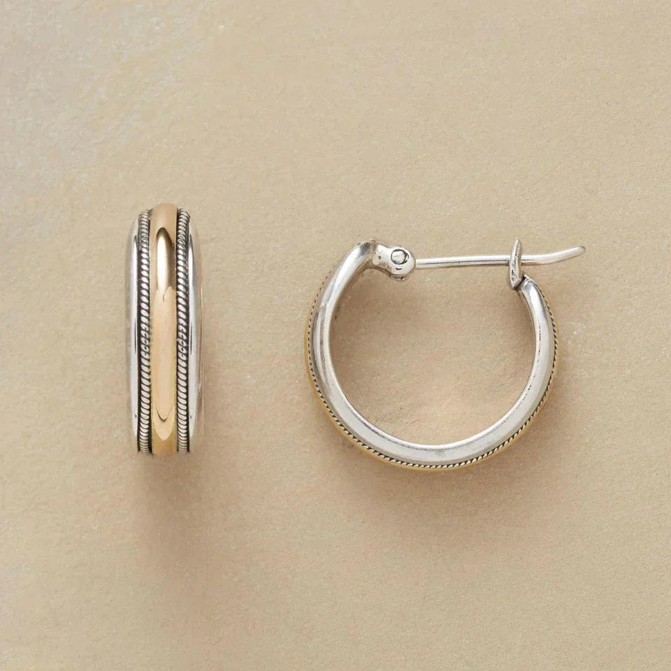 Vintage-Style Gold-Tone Line Silver-Tone Hoop Earrings