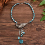 Vintage Bohemian Turquoise Bead Leaf Pendant Necklace