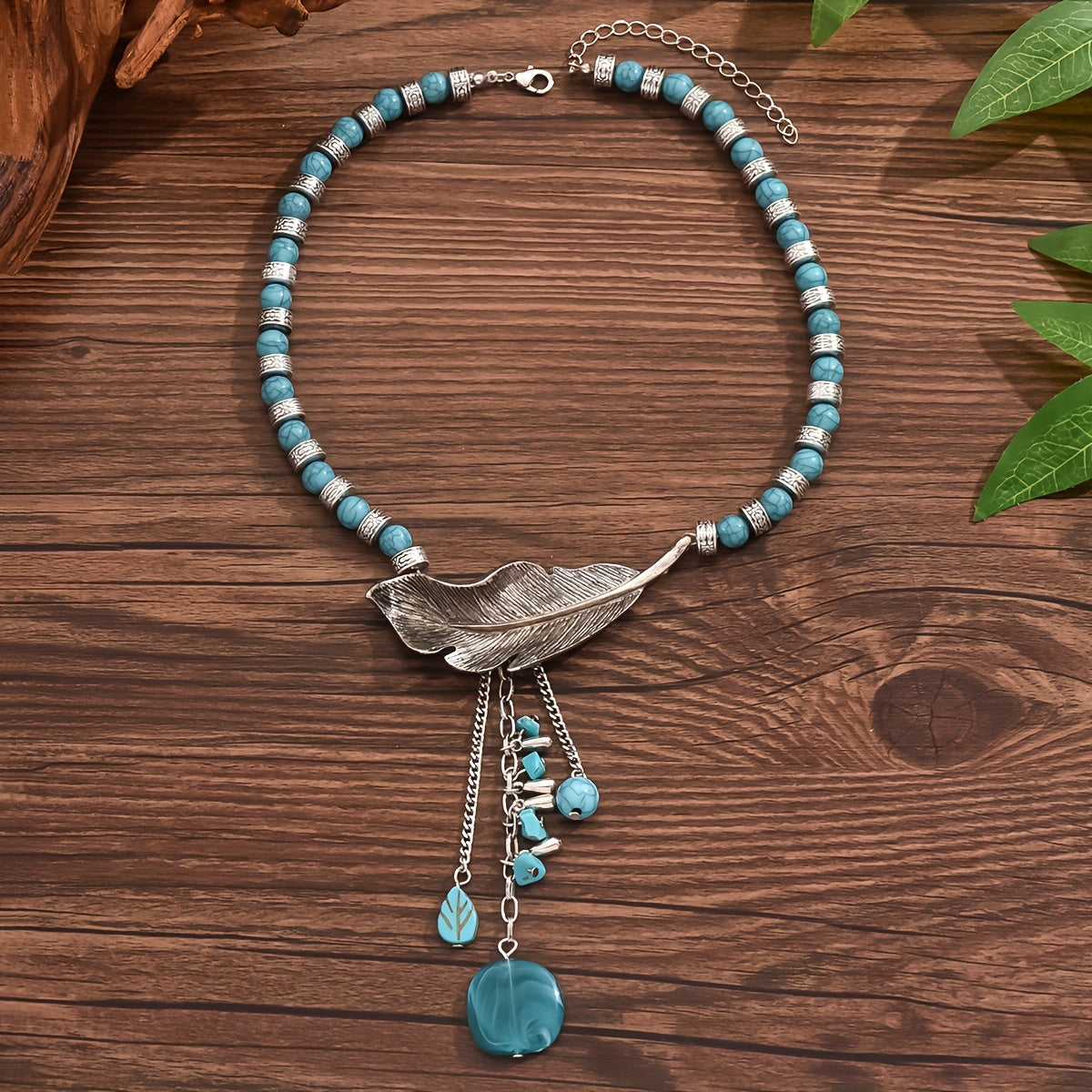 Vintage Bohemian Turquoise Bead Leaf Pendant Necklace