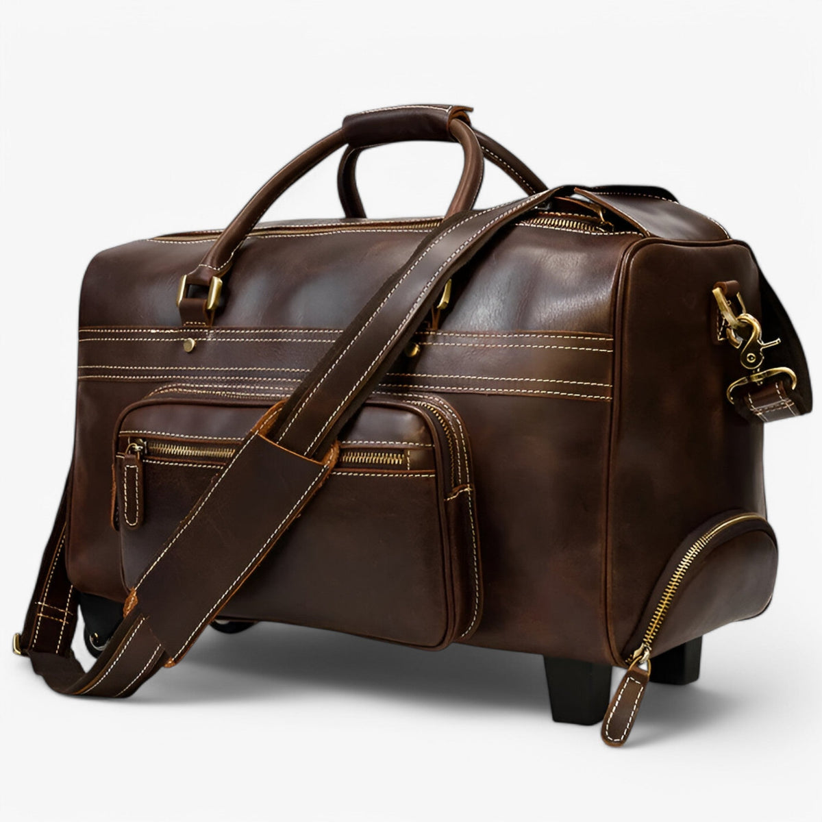 Genuine Leather Rolling Travel Trolley with Laptop Section