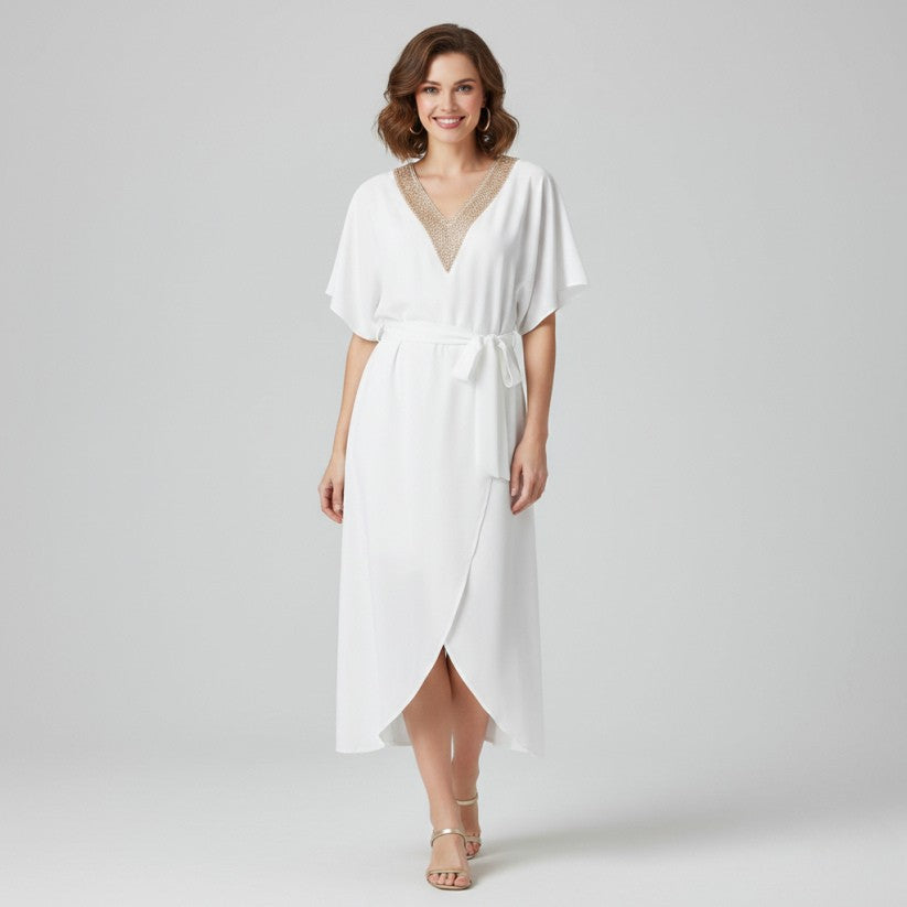 Embellished V-Neck Butterfly Sleeve Maxi Dress