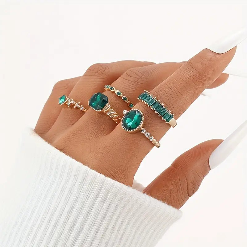 Mixed Emerald-Look Stacking Ring Set with Crystal Accents