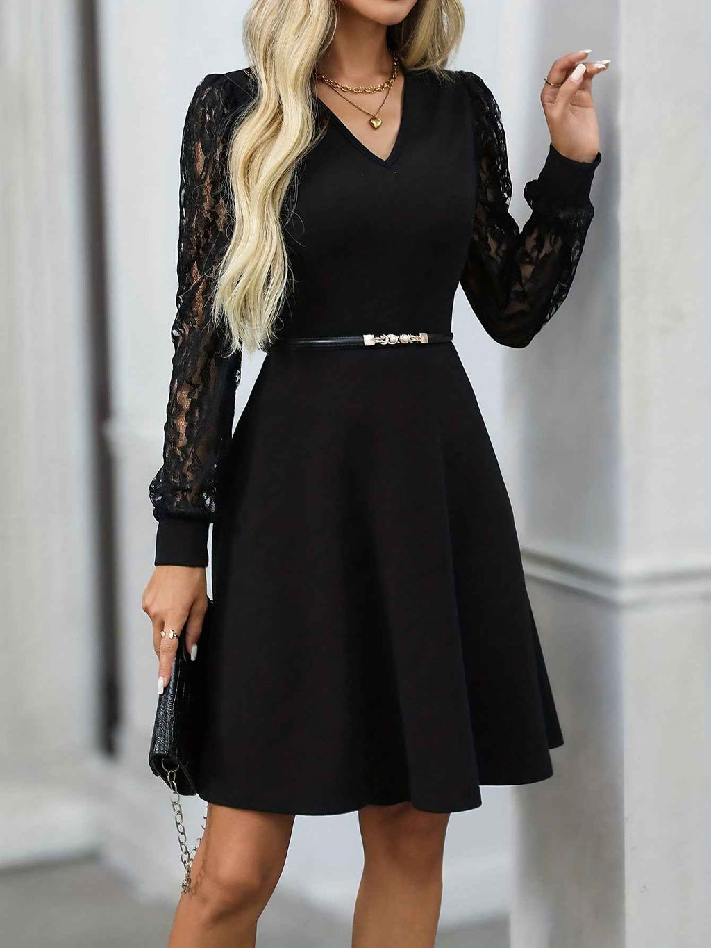Lace Sleeve Midi Dress with Slim Belt and Flared Skirt