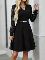 Lace Sleeve Midi Dress with Slim Belt and Flared Skirt