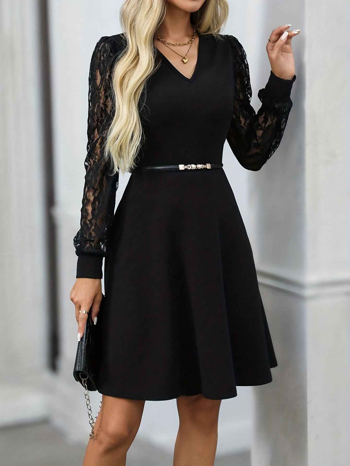 Lace Sleeve Midi Dress with Slim Belt and Flared Skirt