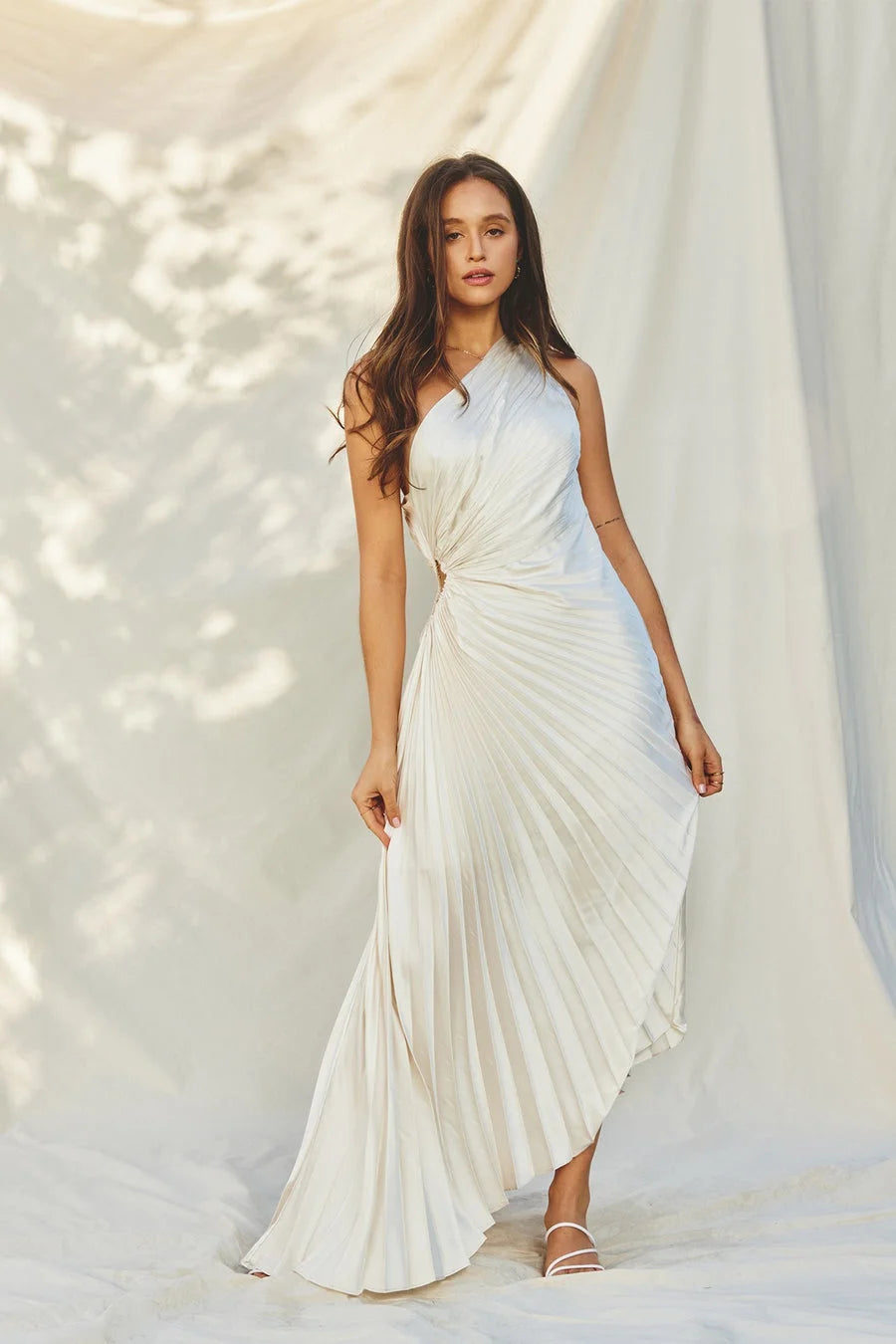 One-Shoulder Pleated Asymmetric Hem Maxi Dress