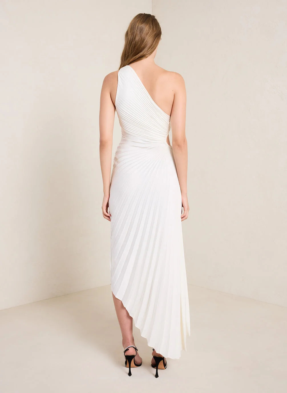 One-Shoulder Pleated Asymmetric Hem Maxi Dress