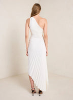 One-Shoulder Pleated Asymmetric Hem Maxi Dress