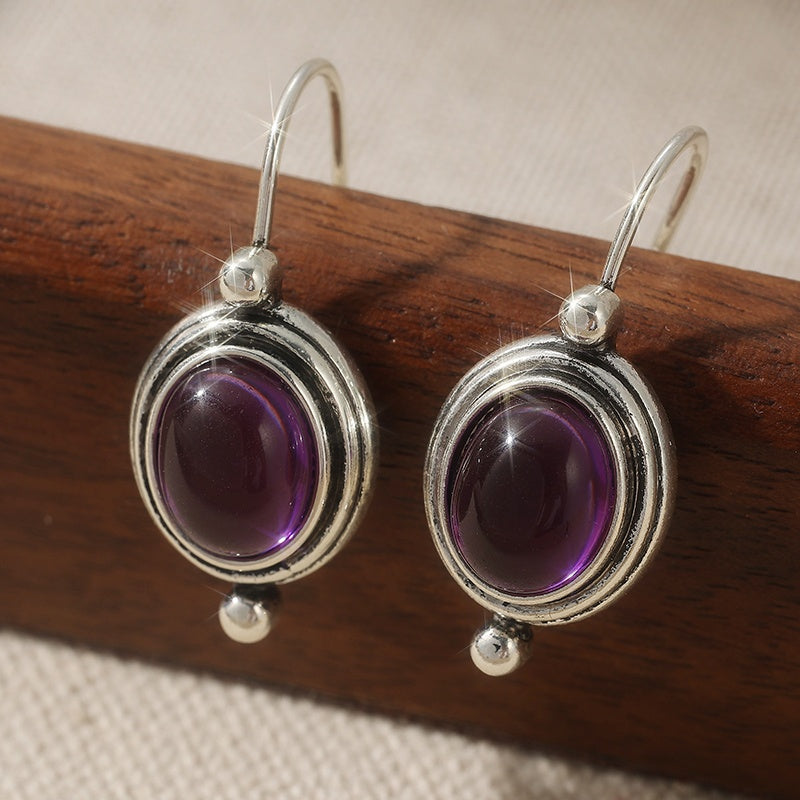 Vintage Boho Purple Gemstone-Look Silver-Plated Drop Earrings