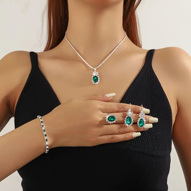 Green Stone Halo Necklace, Earrings and Ring Set in White Gold Tone