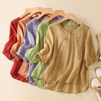Embroidered Mid-Sleeve Blouse with Asymmetric Button Front