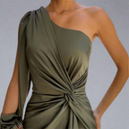 One-Shoulder Front-Slit Gathered-Waist Maxi Dress