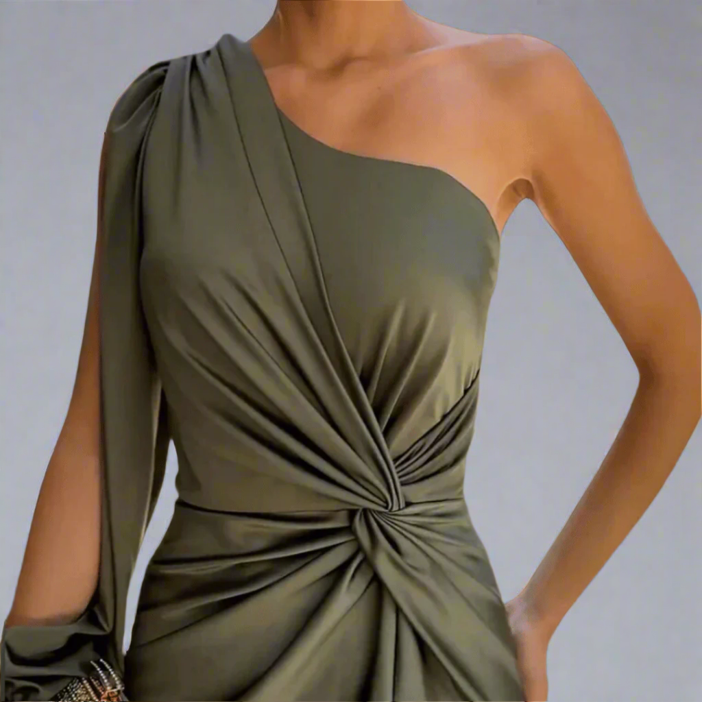 One-Shoulder Front-Slit Gathered-Waist Maxi Dress