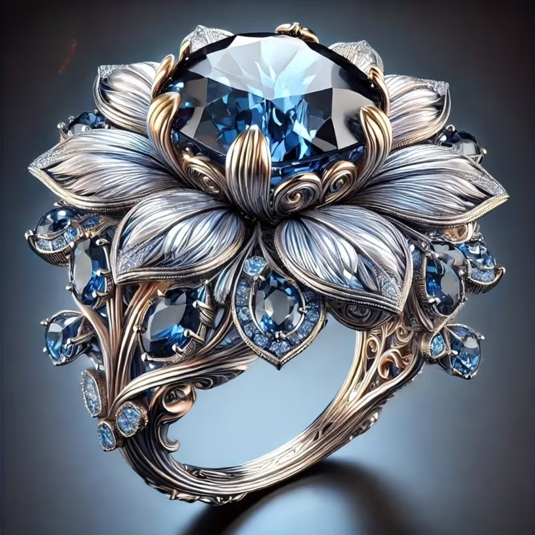 Blue Lotus Flower Statement Ring with Crystal Centre