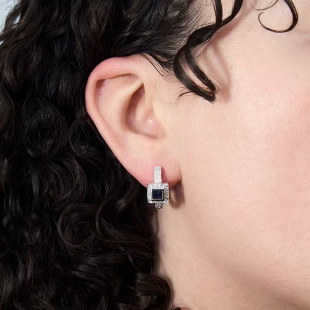 Royal Blue Square Halo Earrings