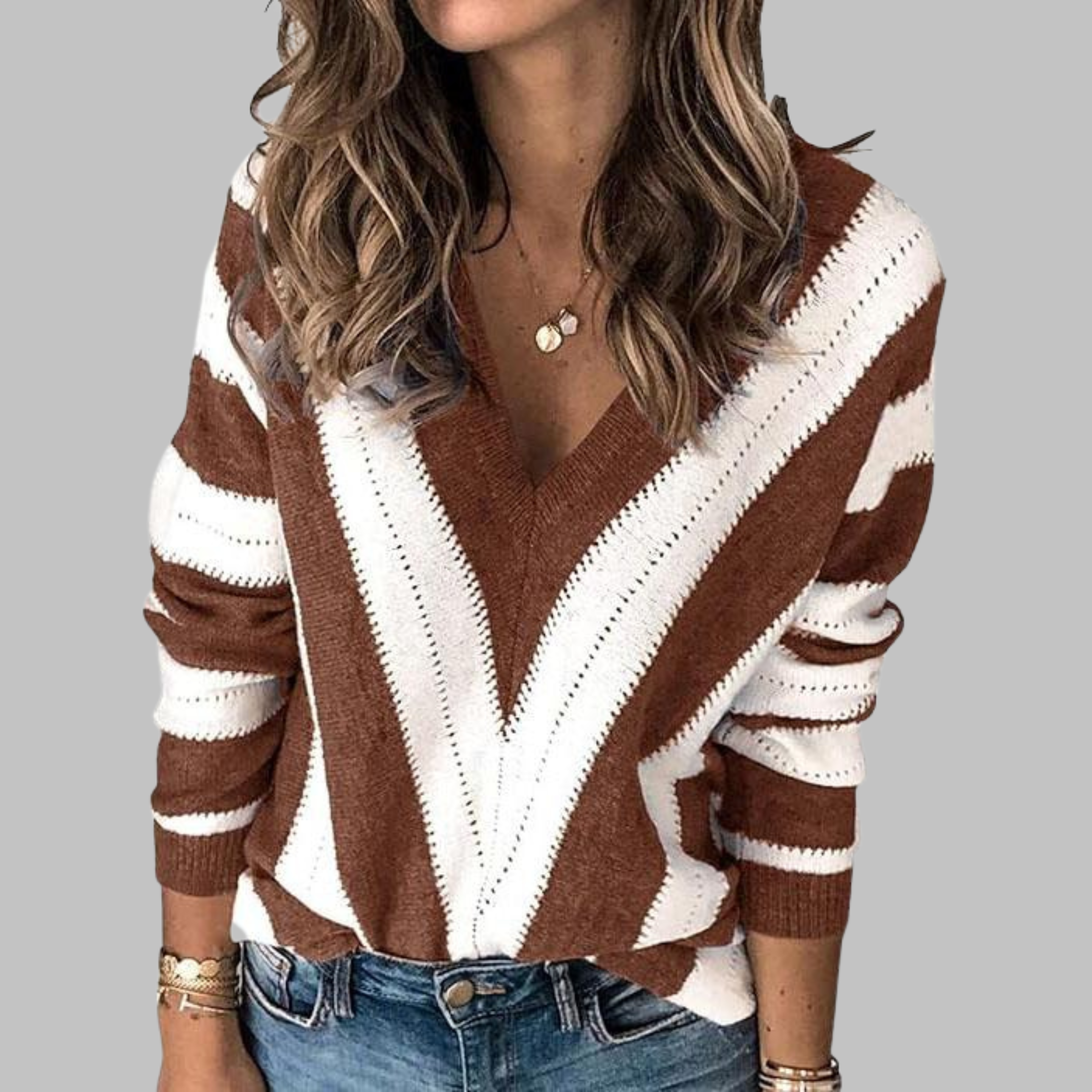 Striped V Neck Jumper with Long Sleeves in Soft Knit