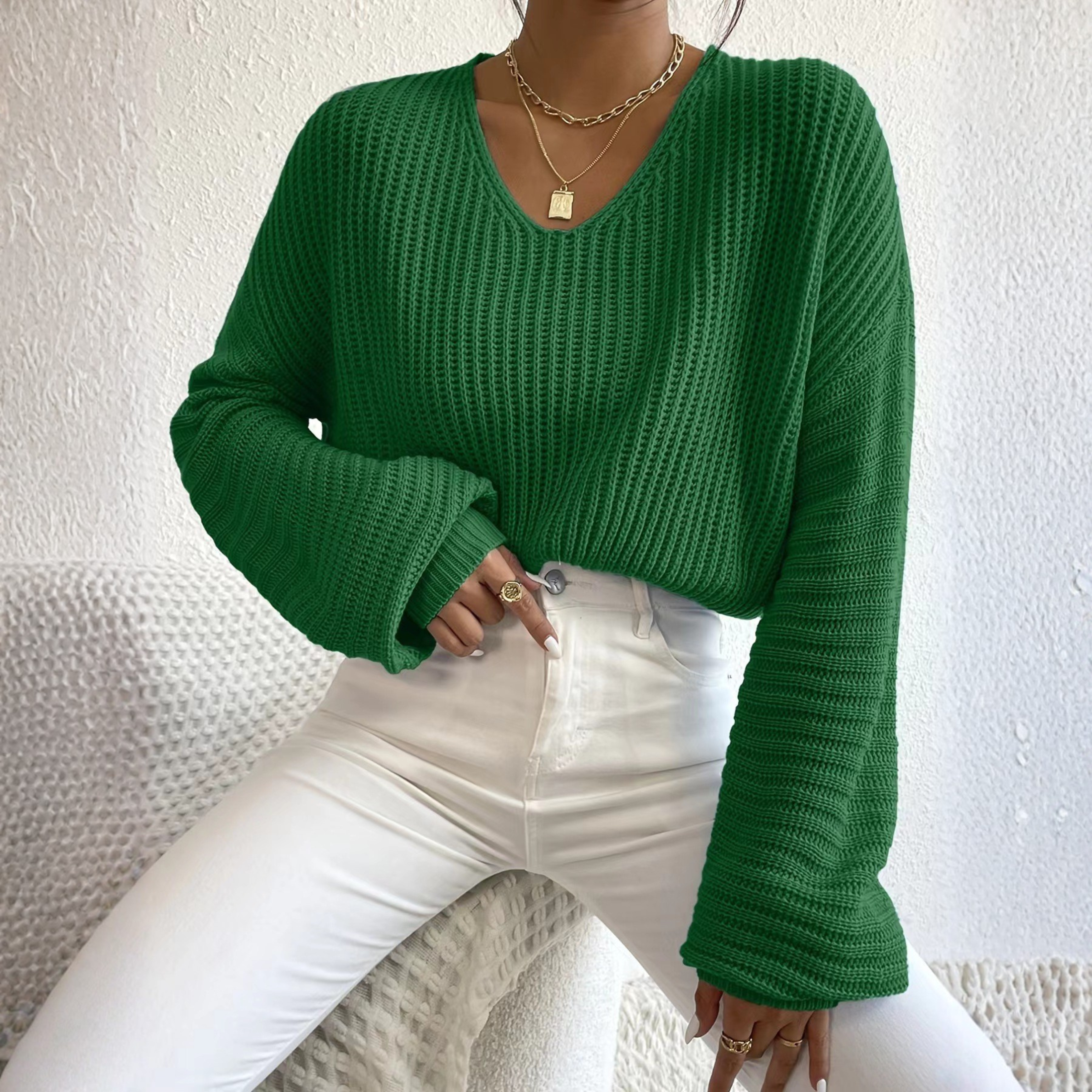 Slim Fit V Neck Knit Jumper with Long Sleeves for Layering