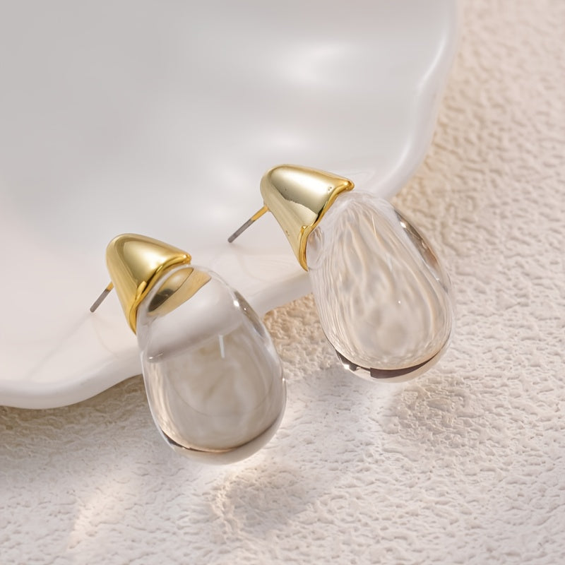 Clear Glass Teardrop Earrings with Gold-Tone Caps