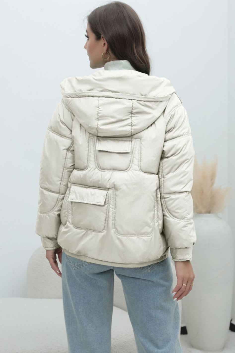 Quilted Hooded Jacket with High Collar and Drawstring Hem