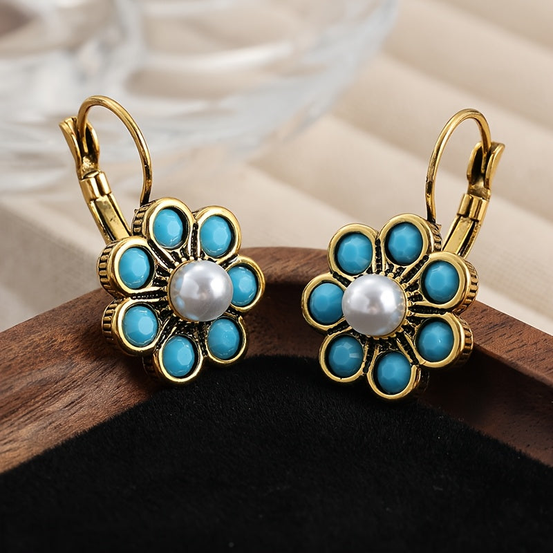 Vintage Turquoise and Pearl Flower Earrings