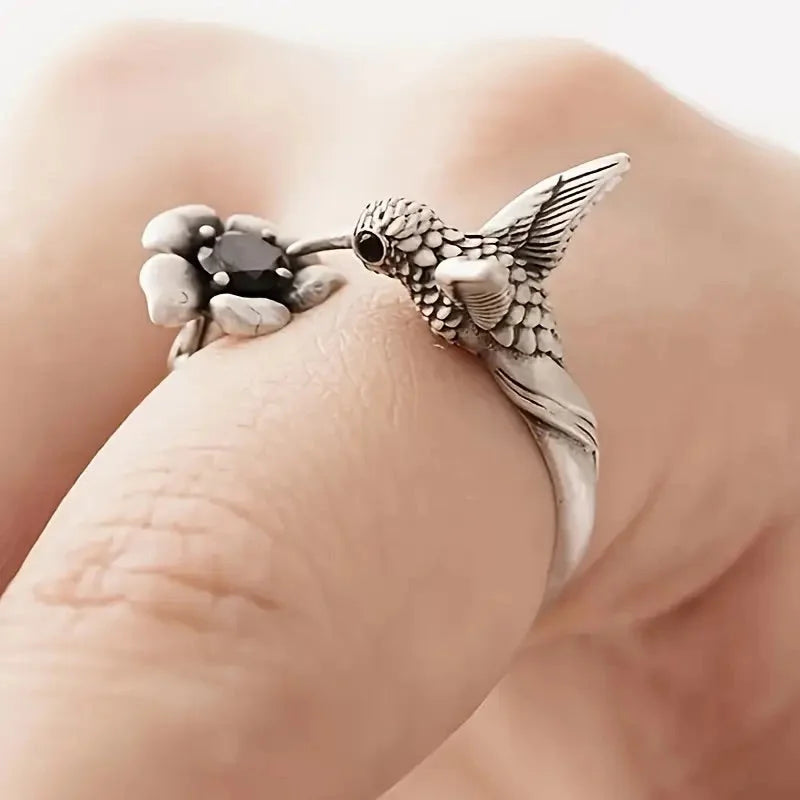 Adjustable Vintage-Style Silver-Plated Hummingbird and Flower Open Ring