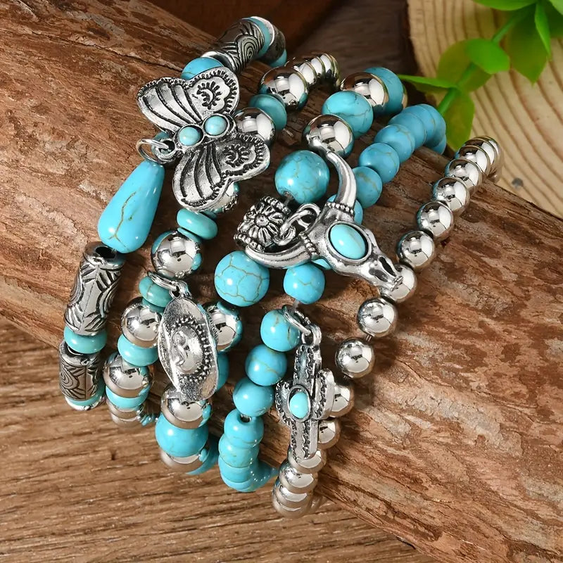 Turquoise Bead Bracelet Set with Charms