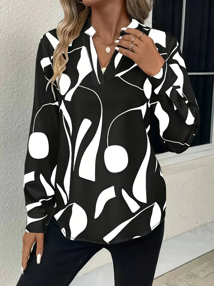 Geometric Print V-Neck Blouse