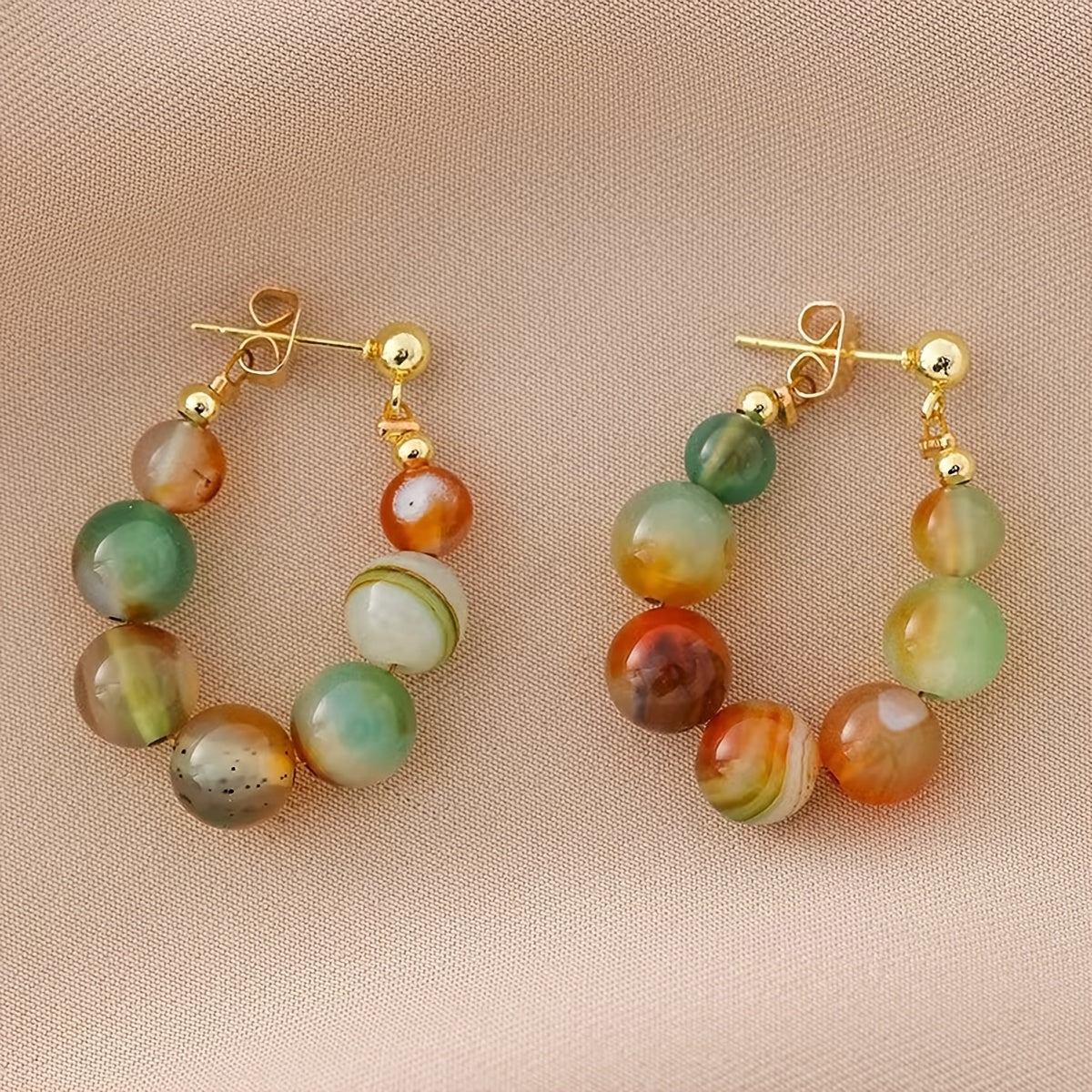 Boho Stone Bead Gold-Plated Hoop Earrings