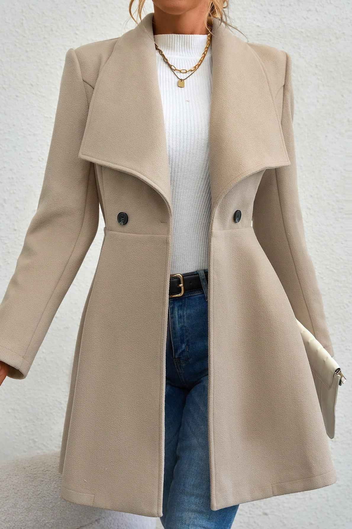 Slim Fit Longline Coat with Notched Collar and Defined Waist