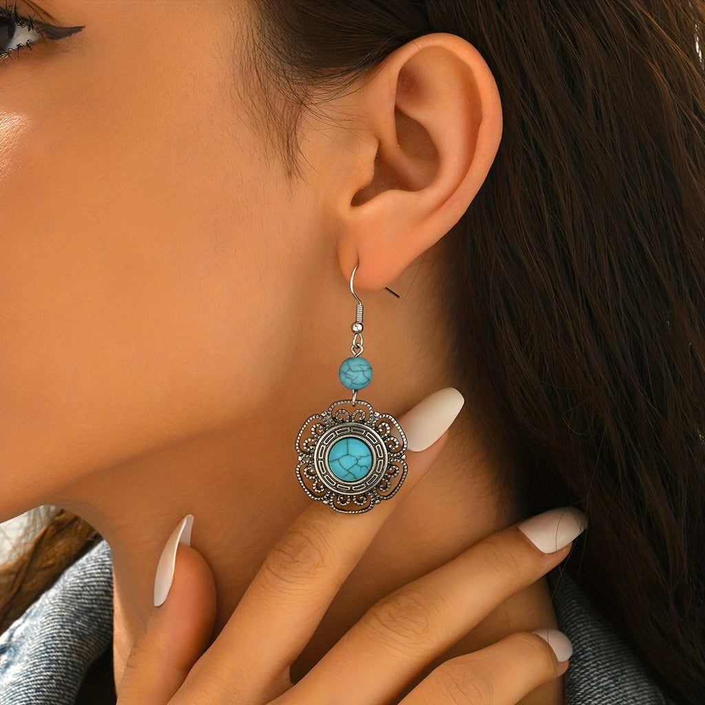 Bohemian Filigree Flower Turquoise Drop Earrings